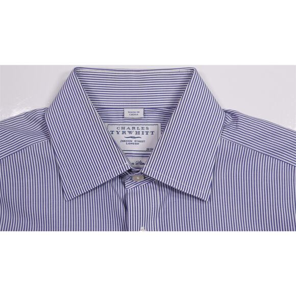 Charles Tyrwhitt Blue White Striped Non Iron Slim Fit Dress Shirt (38) 15-33 - Picture 5 of 7